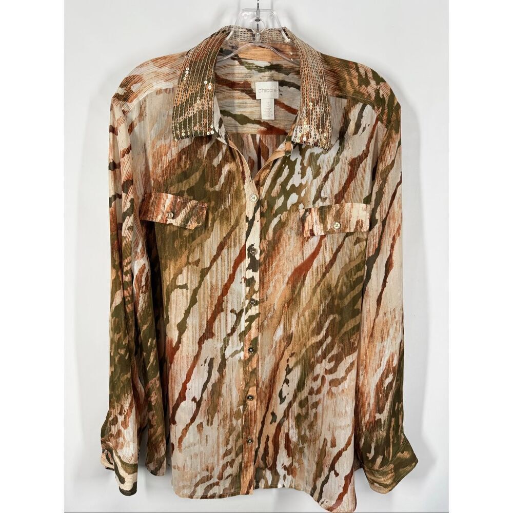 Chicos Women long sleeve sheer sequin collar tiger print top size 3/XL 16 NWOT